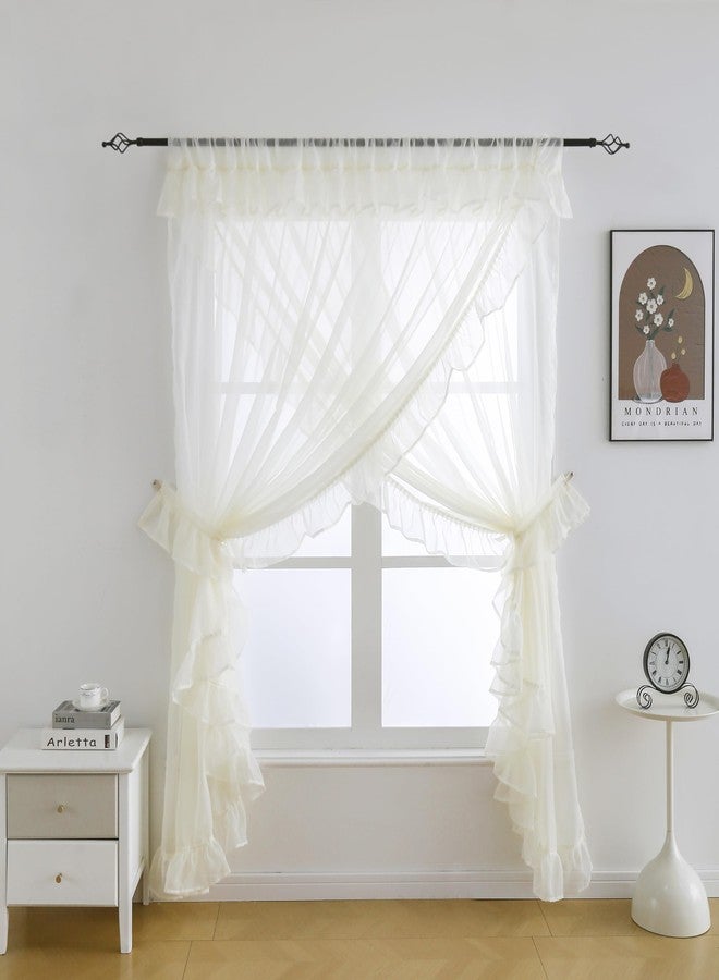 Seibeh Tex Shabby Chic Double Layer Sheer Ruffled Priscilla Rod Pocket Window Curtain Panel with Tiebacks Beige，100" W x 84" L - Image 1